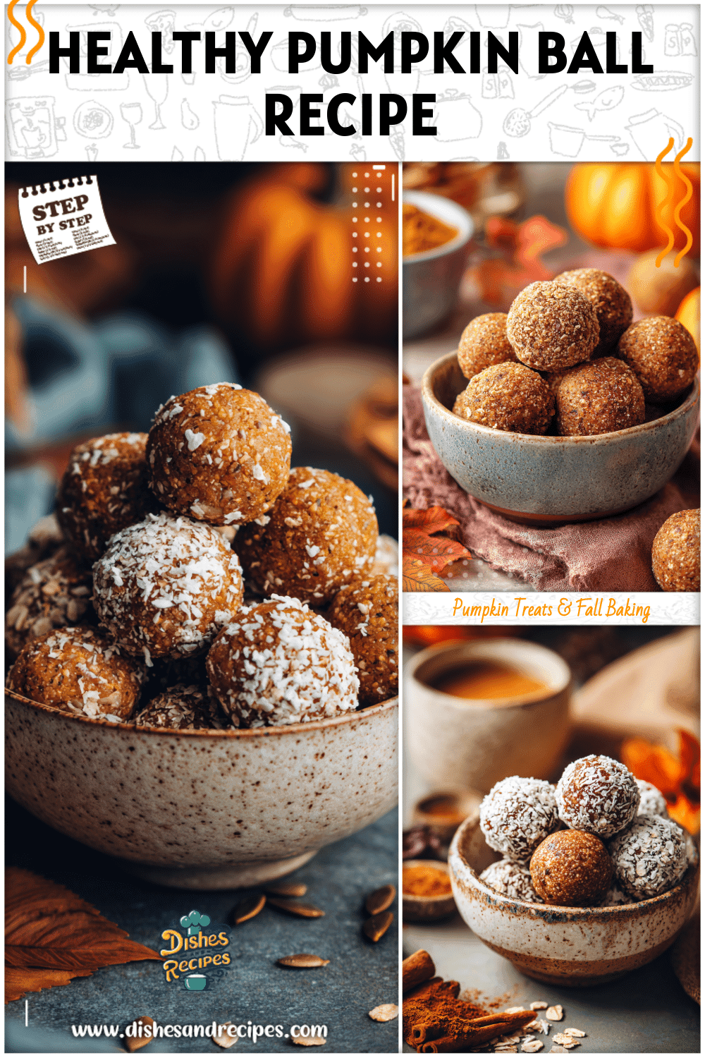Pumpkin protein balls with oat coating served in a ceramic bowl on a fall table.